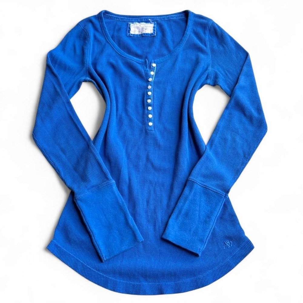 Y2K Blue Aeropostale Waffle Knit Long Sleeve Henley Top Large Light Marks